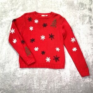 Vintage Y2K Red Holiday Snowflake Embroidered Knit Sweater Winter Pullover M
